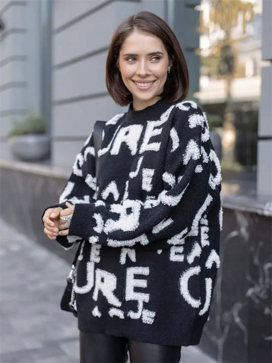 Damen Oversized Strickpullover mit auffälligem Schriftzug und lässiger Passform Heidi-Mode