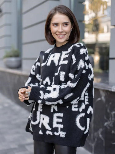 Damen Oversized Strickpullover mit auffälligem Schriftzug und lässiger Passform Heidi-Mode