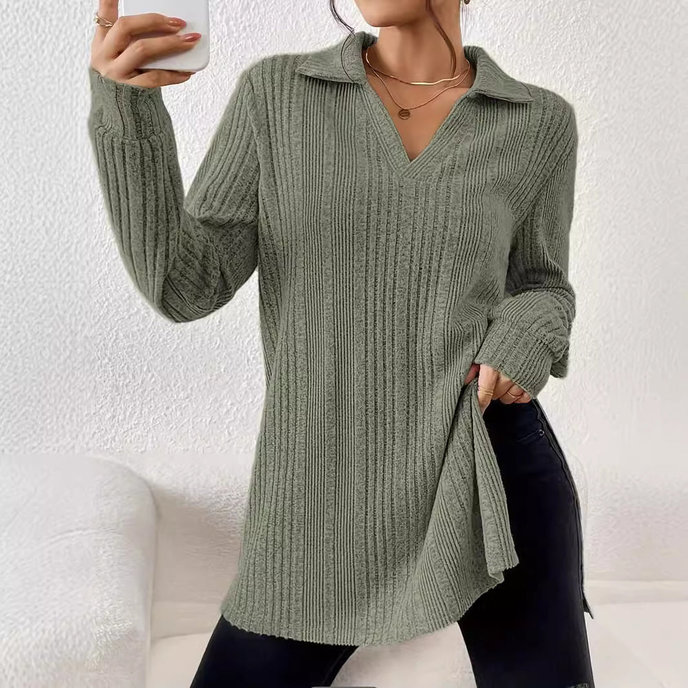 Damen Langarm Shirt mit strukturiertem V-Ausschnitt und schmalen Rippdetails Heidi-Mode