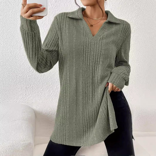 Damen Langarm Shirt mit strukturiertem V-Ausschnitt und schmalen Rippdetails Heidi-Mode