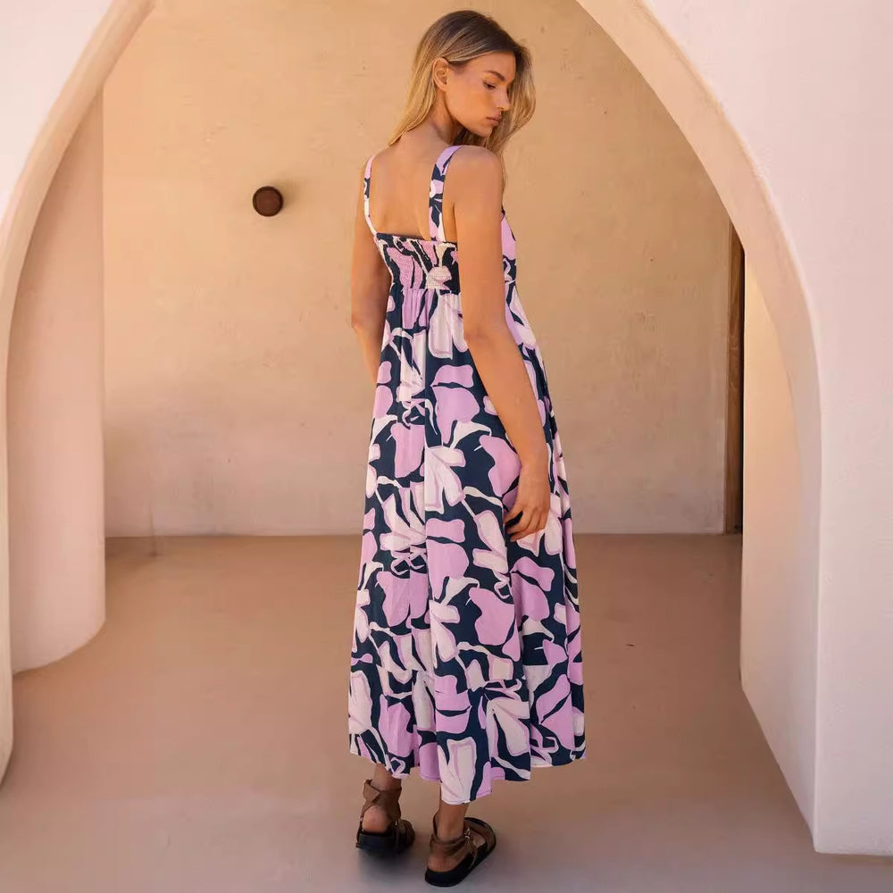 Damen Maxikleid mit Blumenmuster und verstellbaren Spaghettiträgern Heidi-Mode