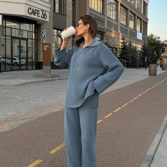 Damen lässiger Strickpullover mit Kapuze und modernem Reißverschluss Heidi-Mode
