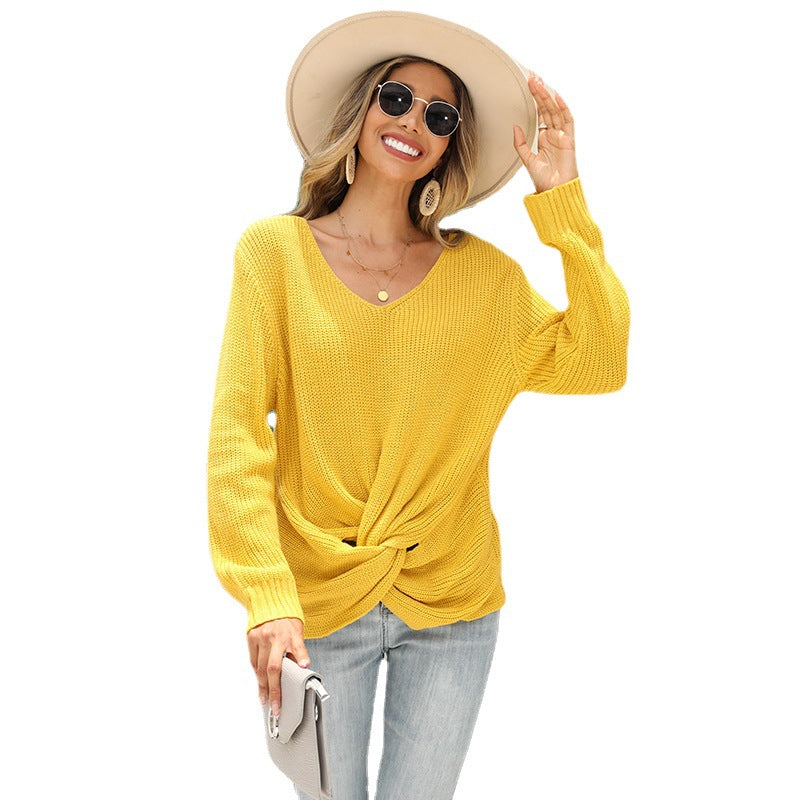 Damen lässiger V-Ausschnit Pullover mit knoten Detail Heidi-Mode