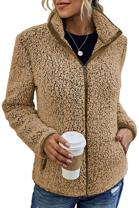 Damen kuschelige Fleecejacke mit hohem Kragen und praktischen Taschen Heidi-Mode