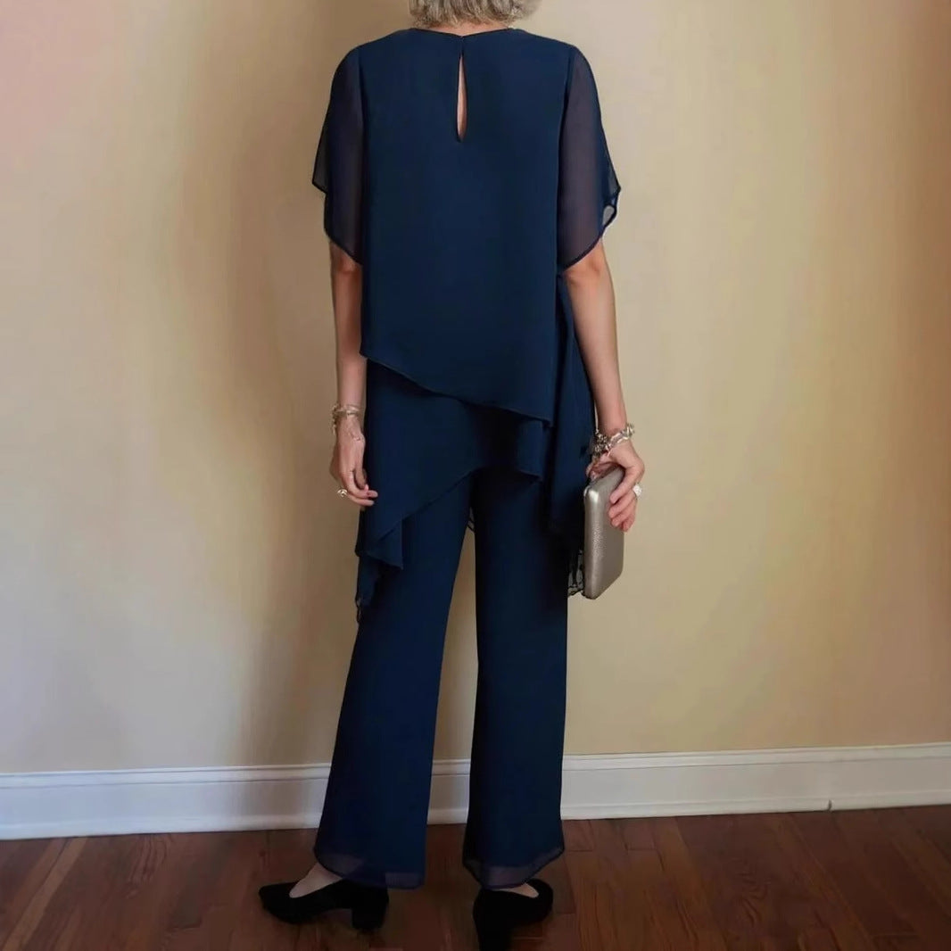Damen elegantes Ensemble aus fließendem Oberteil und weitem Hose Heidi-Mode