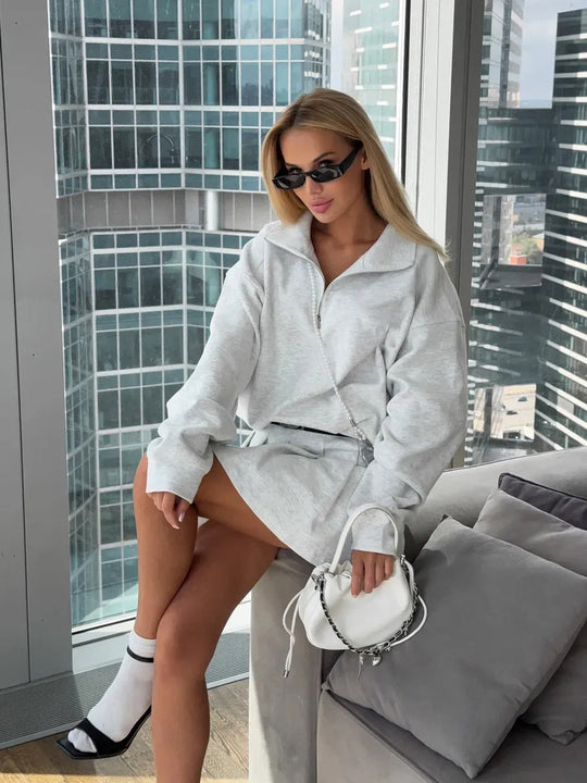 Damen sportlicher Pullover mit Kordelzug und Reißverschluss Heidi-Mode