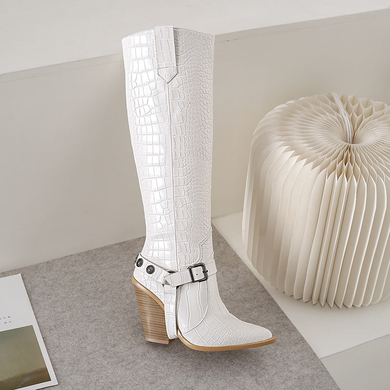 Damen kniehohe Stiefel mit Krokodilprägung und Blockabsatz Heidi-Mode