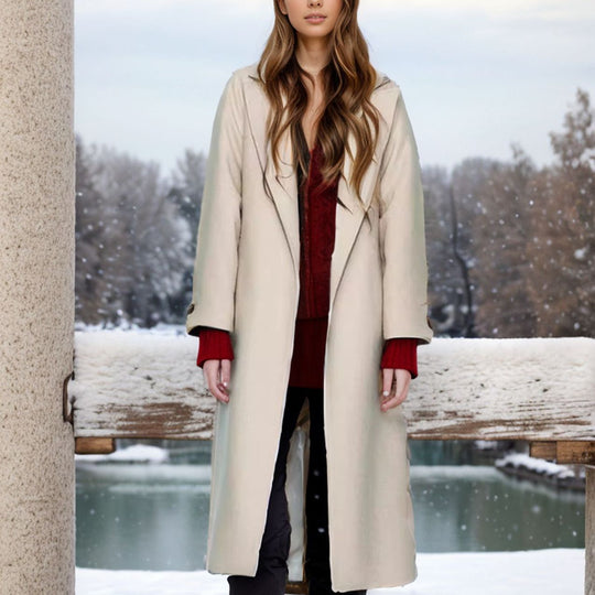 Damen eleganter langer Mantel mit breitem Revers und Gürtel Heidi-Mode