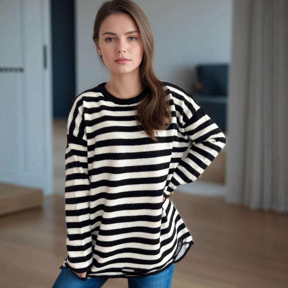 Damen lässiger Oversize-Pullover mit breiten Streifen Heidi-Mode