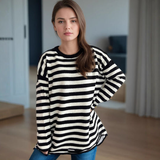 Damen lässiger Oversize-Pullover mit breiten Streifen Heidi-Mode