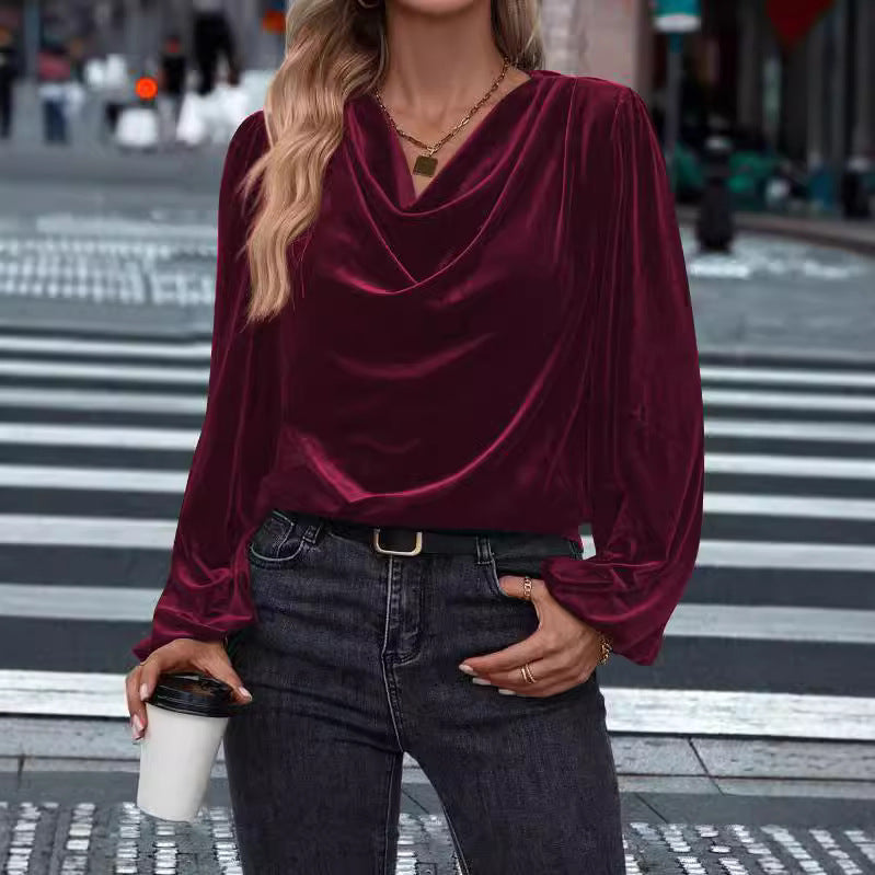 Damen elegante Bluse aus samtigem Material mit Drapé-Ausschnitt Heidi-Mode