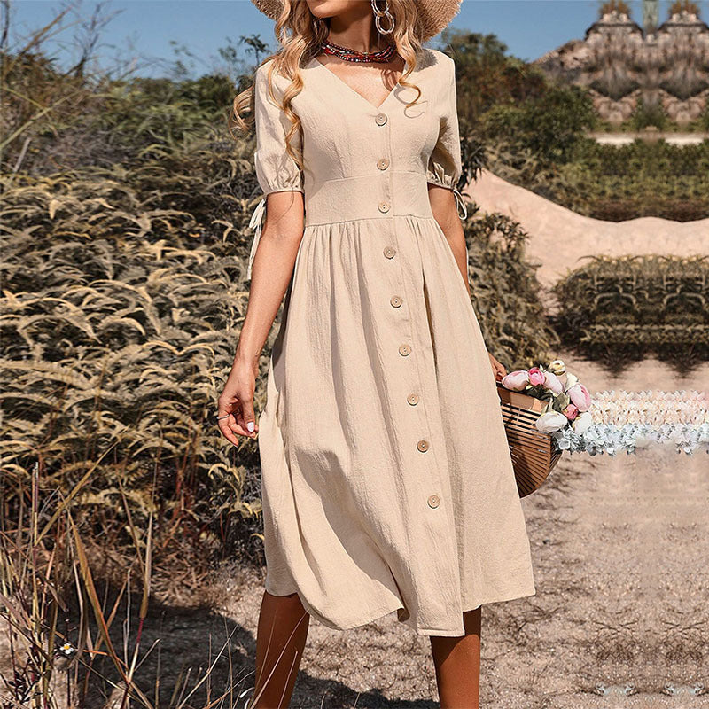 Heidi Mode | Einfaches kurzärmeliges Kleid mit V-Ausschnitt in Uni-Farbe