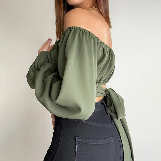 Damen Off-Shoulder Bluse mit Raffung und langen Ärmeln Heidi-Mode
