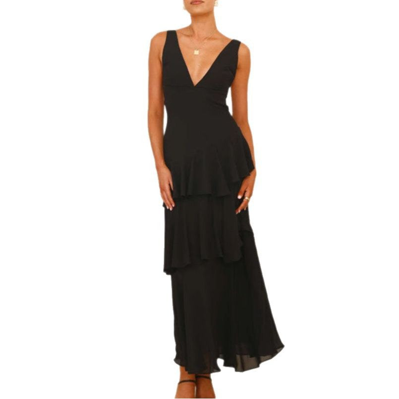 Damen Maxi-Kleid mit eleganten Volants und tiefem V-Ausschnitt Heidi-Mode