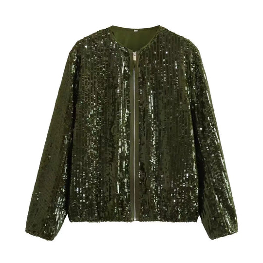 Damen Paillettenjacke mit durchgehendem Reißverschluss und elegantem Stehkragen Heidi-Mode
