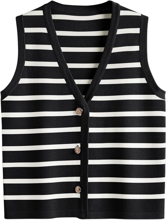 Damen ärmellose Strickweste mit V-Ausschnitt und dekorativen Knöpfen Heidi-Mode