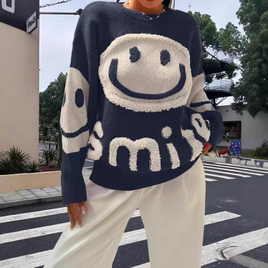 Damen Strickpullover mit fröhlichem Emoji-Motiv und komfortablem Schnitt Heidi-Mode