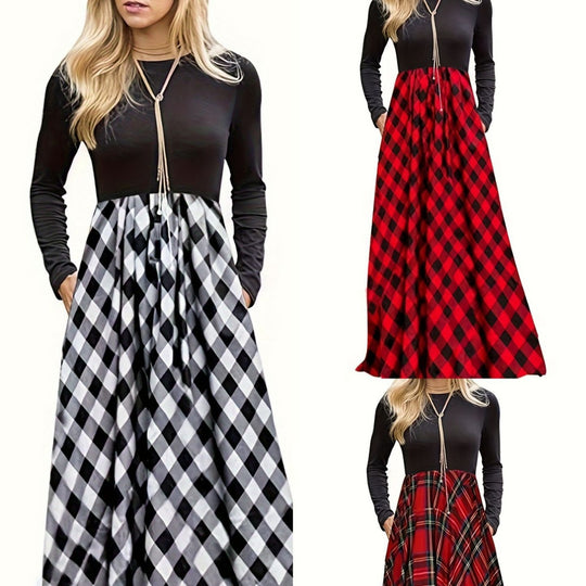 Damen Maxikleid mit modernem Karomuster und langen Ärmeln Heidi-Mode