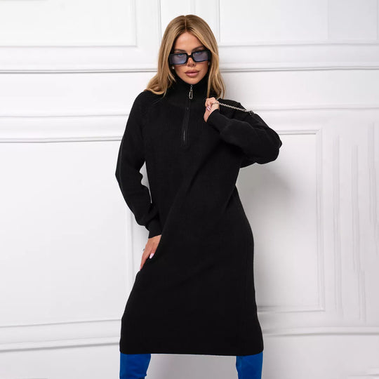 Damen Strickkleid mit Stehkragen und durchgehendem Reißverschluss Heidi-Mode