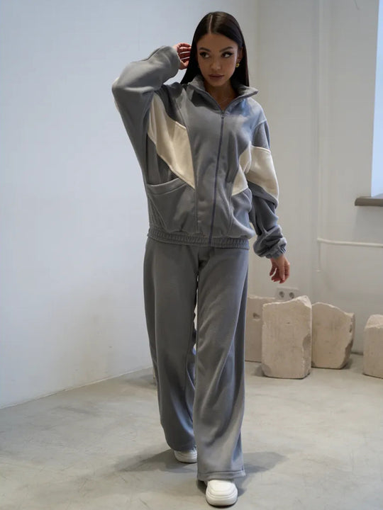 Damen sportliches Fleece-Loungewear-Set mit Kapuze und weiten Hosen Heidi-Mode
