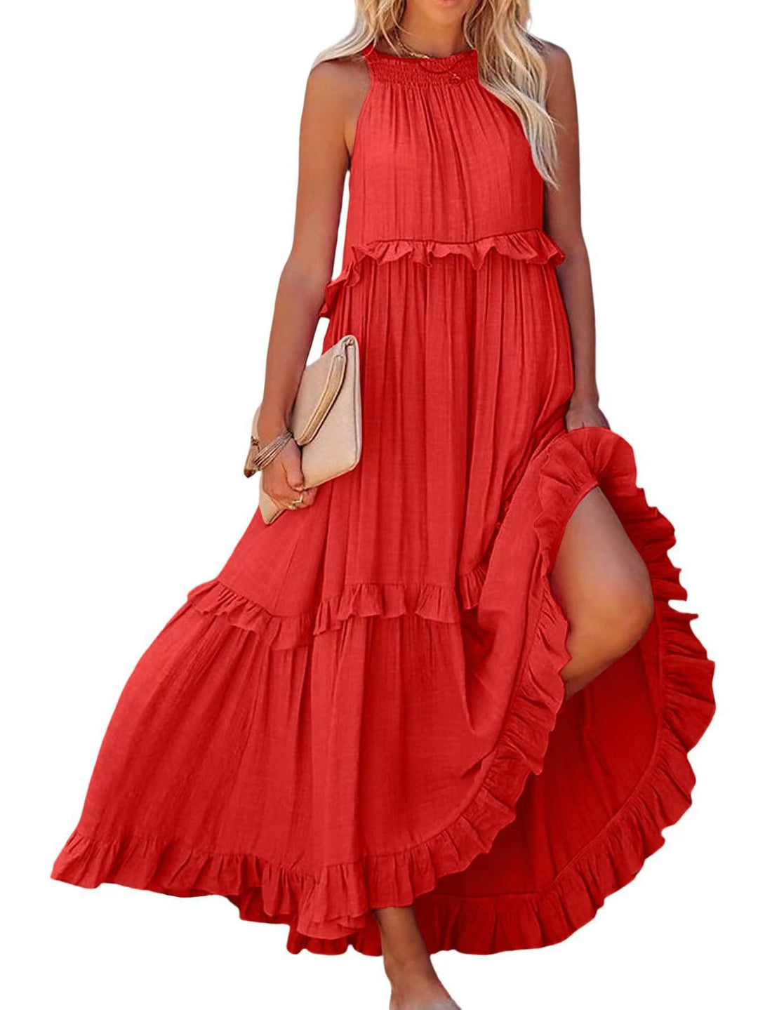Damen Maxikleid mit Rüschendetails und luftiger Silhouette Heidi-Mode