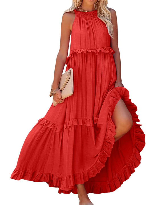 Damen Maxikleid mit Rüschendetails und luftiger Silhouette Heidi-Mode