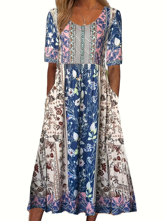 Heidi Mode | Rundhalsausschnitt Kurzarm Bohemian Print Kleid Frauen
