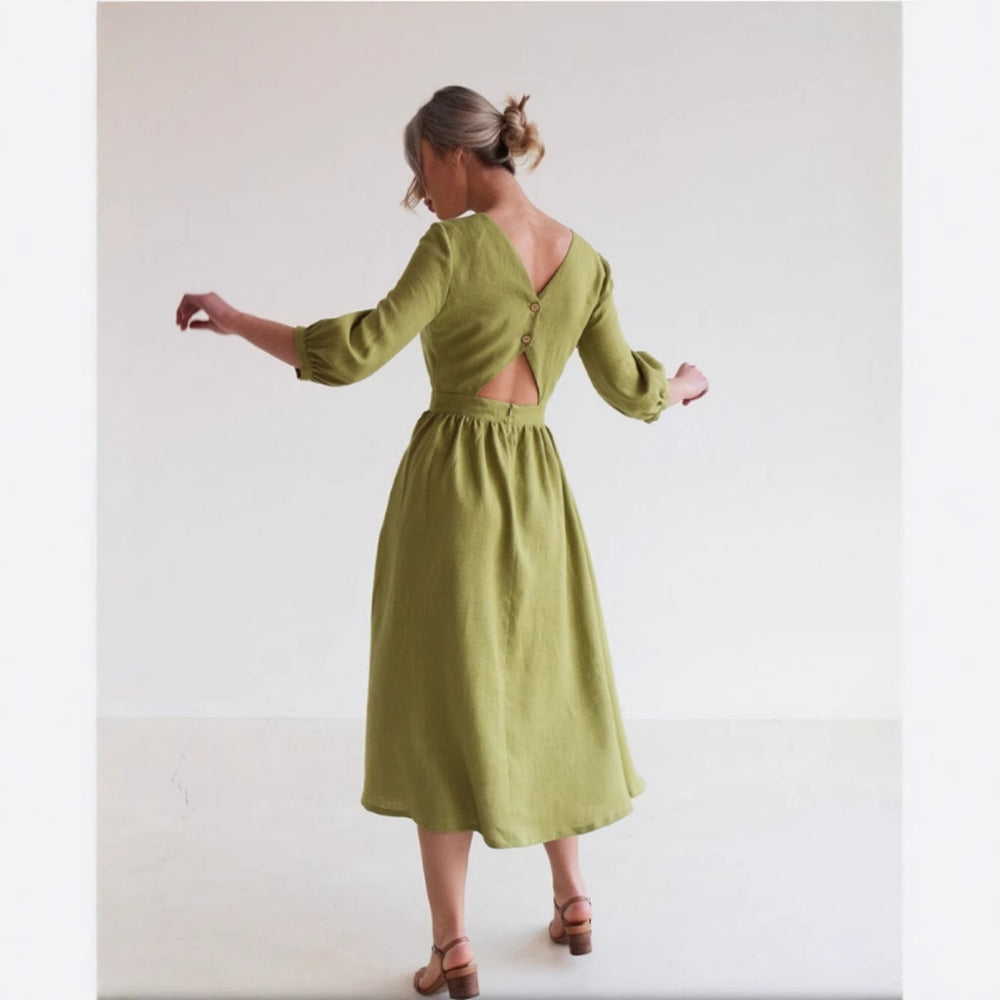 Damen Leinenkleid mit elegantem V-Ausschnitt und lockerem Schnitt Heidi-Mode