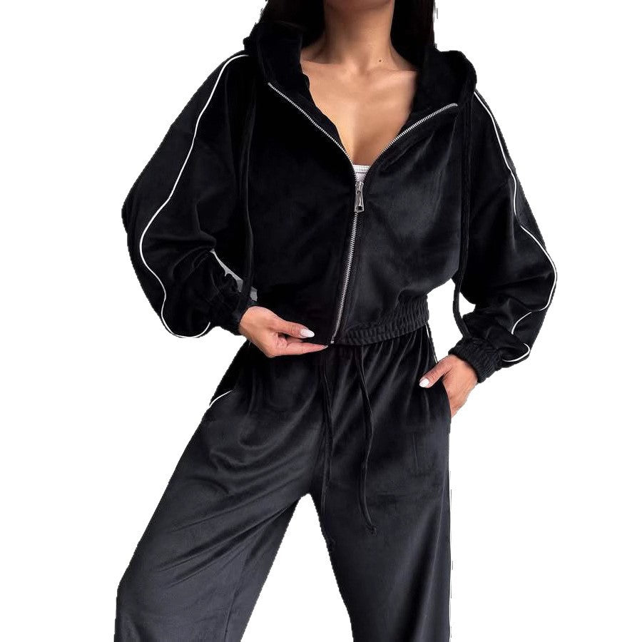 Damen Loungewear-Anzug aus hochwertigem Velours mit Kapuze und elastischem Bund Heidi-Mode