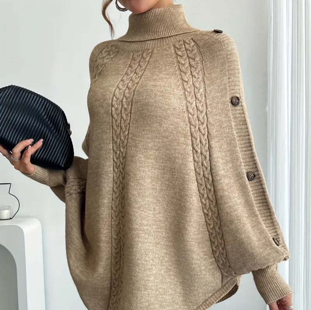 Damen Eleganter Strickponcho mit Rollkragen und Zopfmuster Heidi-Mode