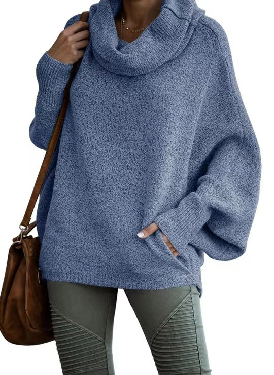 Damen lässiger Strickpullover mit weichem Stehkragen und weit geschnittenen Ärmeln Heidi-Mode