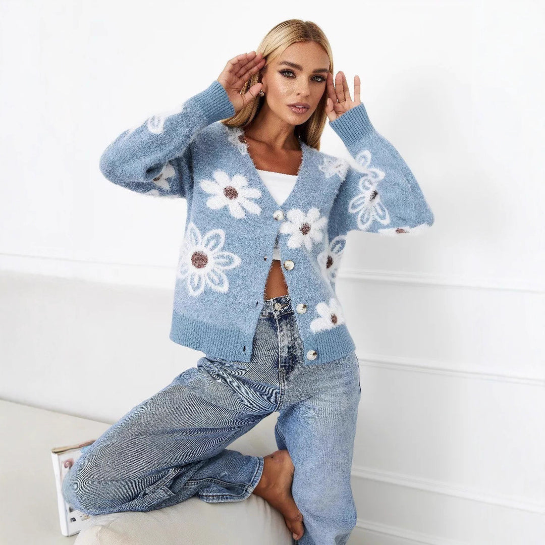 Damen Strickjacke mit floralem Muster und komfortabler Passform Heidi-Mode