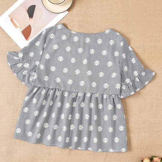 Damen Kurzarm Bluse mit floralem Design und Rüschendetails Heidi-Mode