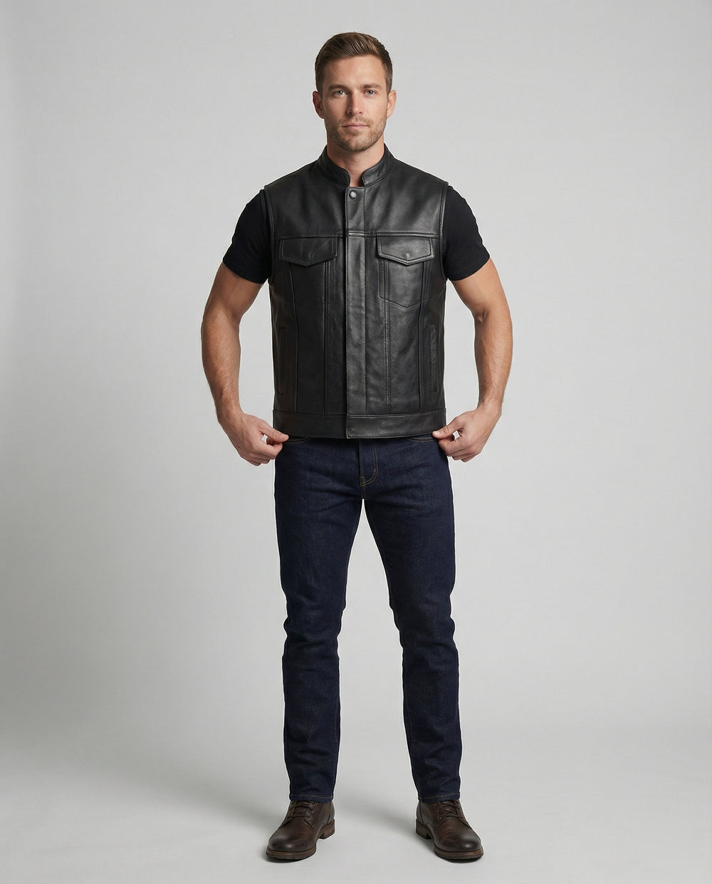 Herren Kunstleder Bikerweste mit Seitentaschen