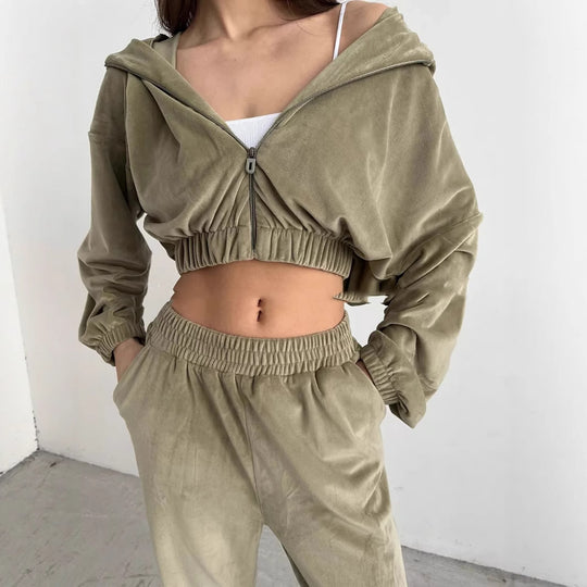 Damen Sportliche Velours-Jacke mit modernem Reißverschluss und elastischem Bund Heidi-Mode