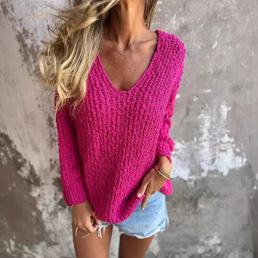 Damen Bequemes V-Ausschnitt Sweatshirt mit Struktur und langen Ärmeln Heidi-Mode
