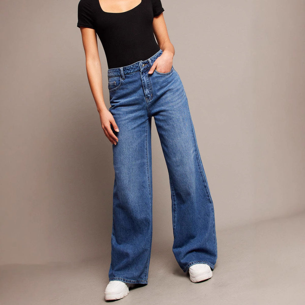 Damen Weit geschnittene High-Waist Jeans mit eleganten Falten Heidi-Mode