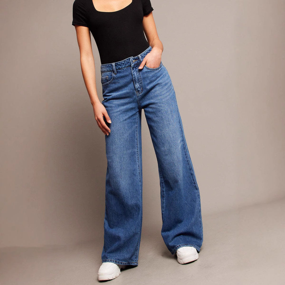Damen Weit geschnittene High-Waist Jeans mit eleganten Falten Heidi-Mode