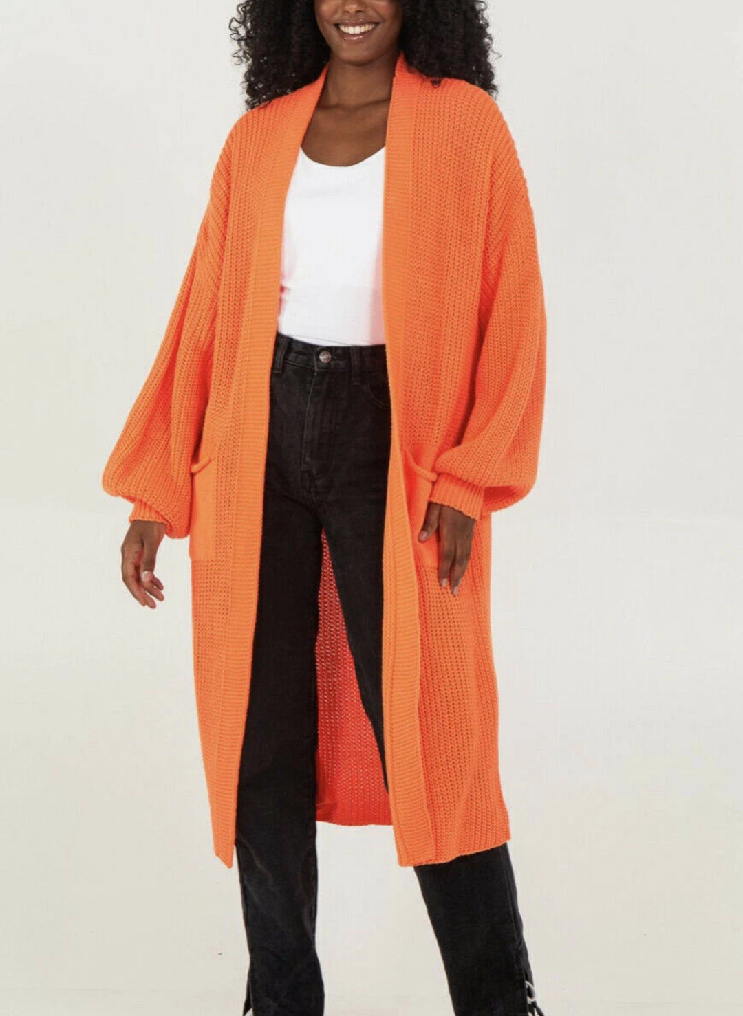 Damen Langer Strickcardigan mit voluminösen Ärmeln und offenem Schnitt Heidi-Mode
