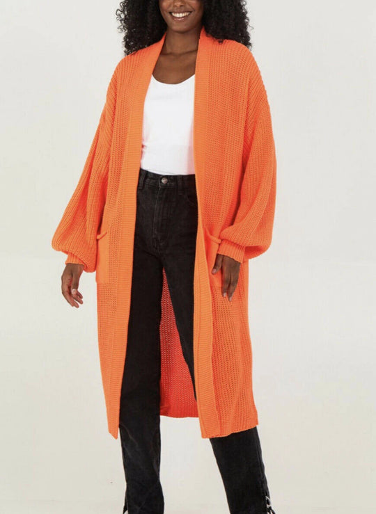 Damen Langer Strickcardigan mit voluminösen Ärmeln und offenem Schnitt Heidi-Mode