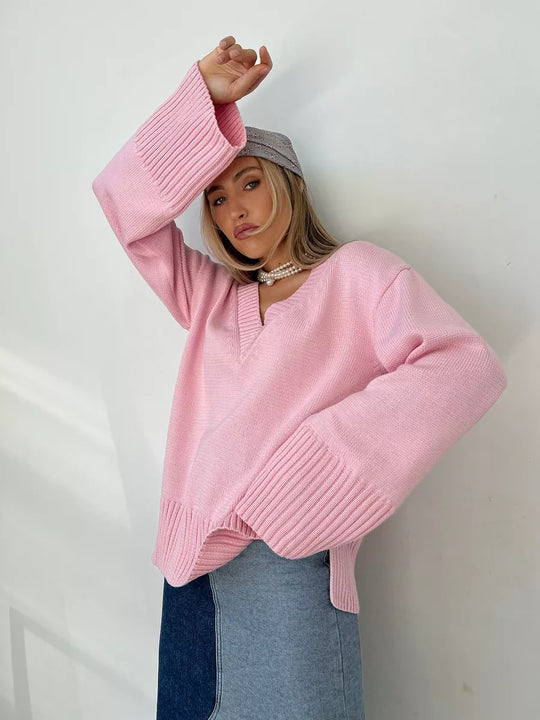 Damen lässiger V-Ausschnitt Pullover mit strukturierter Textur Heidi-Mode