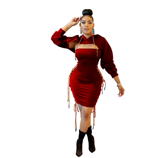 Damen Hoodie Kleid mit sexy Cut-Outs und Schnür-Details Heidi-Mode