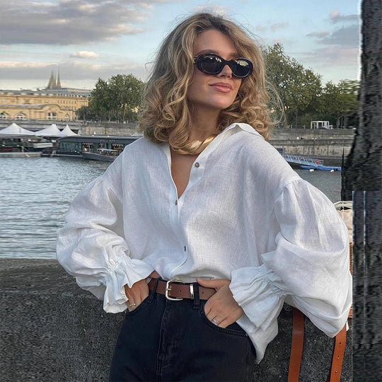 Damen lässige Leinenbluse mit ballonärmel Heidi-Mode