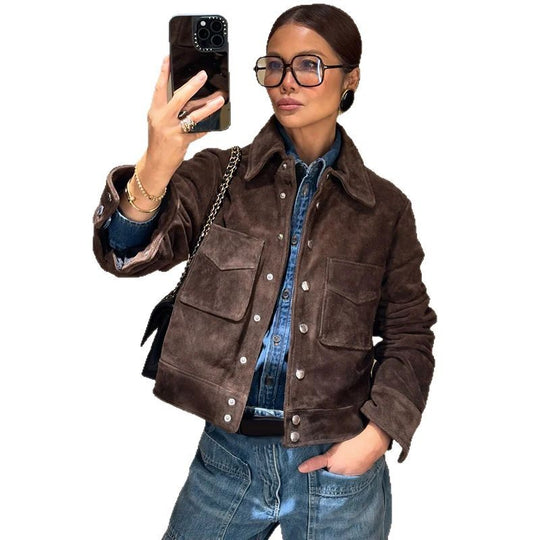 Damen Modische Wildlederjacke mit seitlichen Taschen Heidi-Mode