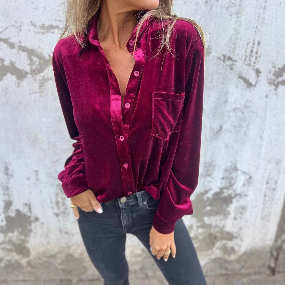 Damen Elegante Samtbluse mit klassischem Hemdkragen und langen Ärmeln Heidi-Mode