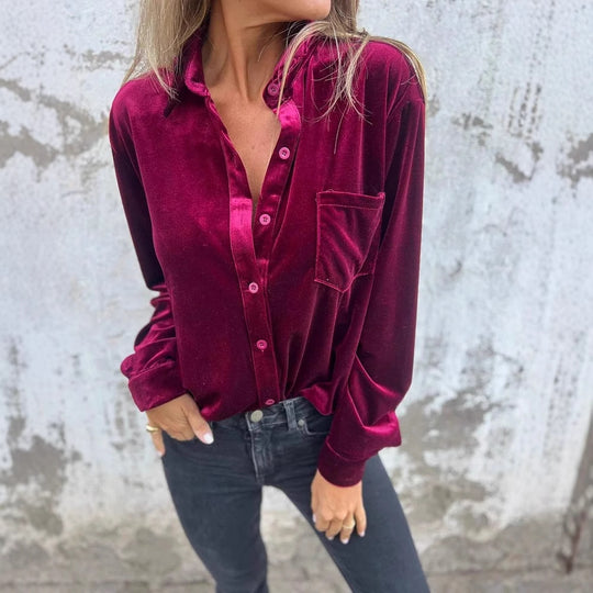 Damen Elegante Samtbluse mit klassischem Hemdkragen und langen Ärmeln Heidi-Mode