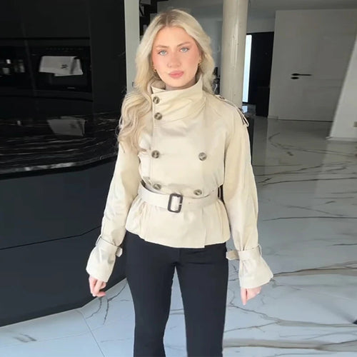 Damen Eleganter Kurz-Trenchcoat mit doppelter Knopfleiste und Taillengürtel Heidi-Mode