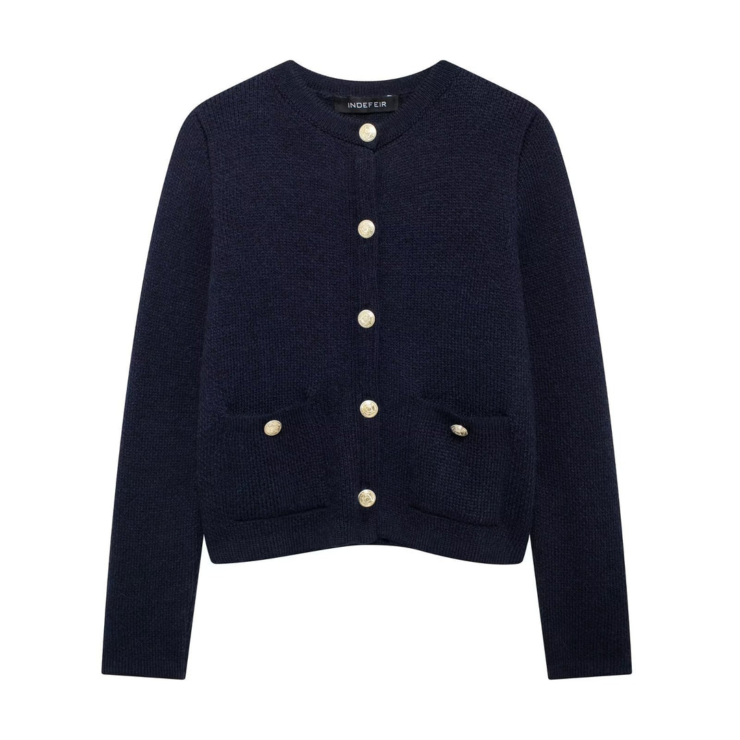 Damen Strickjacke mit schimmernden Knöpfen und Taschen Heidi-Mode