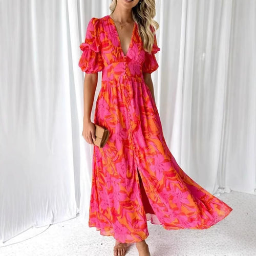 Damen Maxikleid mit Blumenmuster und V-Ausschnitt Heidi-Mode