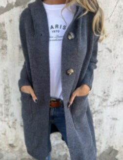 Damen Strickmantel mit Kapuze und Knöpfen Heidi-Mode